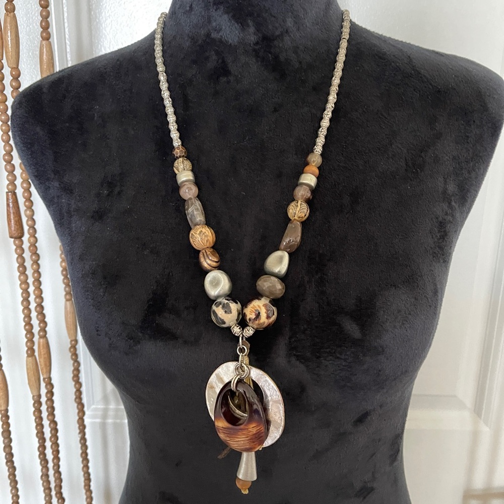Eclectic Long Boho Bead and Distressed Metal Necklace